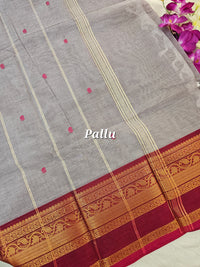 Kanchi Cotton Saree - Grey with Dark Red