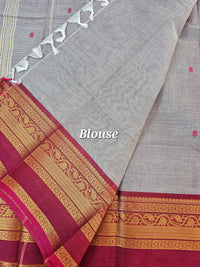 Kanchi Cotton Saree - Grey with Dark Red