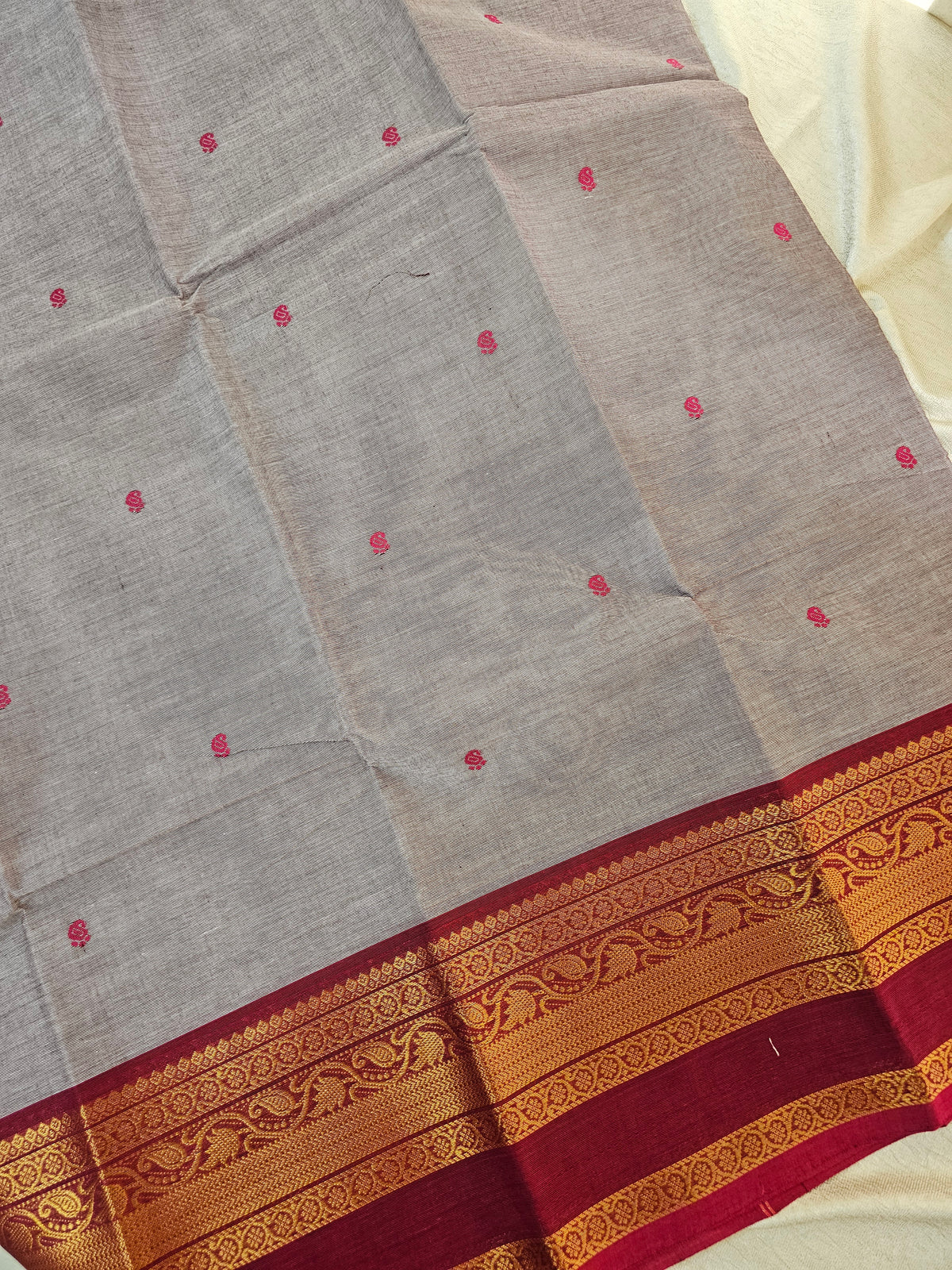 Kanchi Cotton Saree - Grey with Dark Red