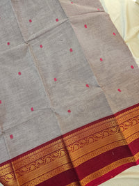 Kanchi Cotton Saree - Grey with Dark Red