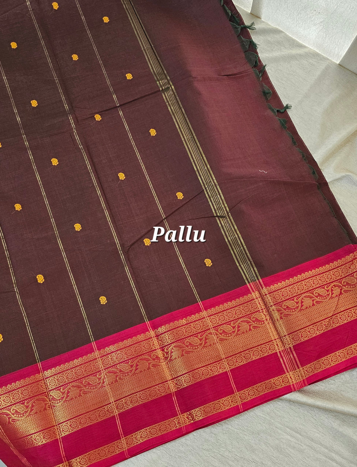 Kanchi Cotton Saree - Brown with Pink