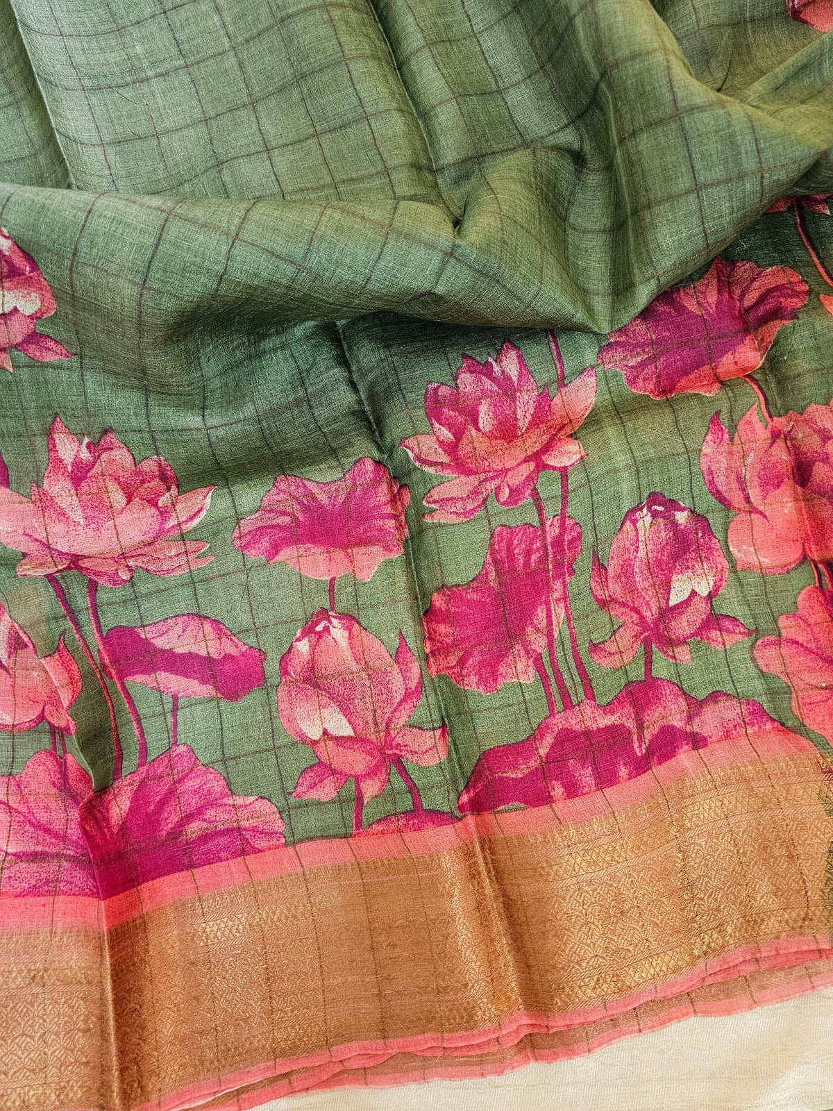 Tussar Silk Saree with Kanchi Border - Green with Peach