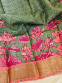 Tussar Silk Saree with Kanchi Border - Green with Peach