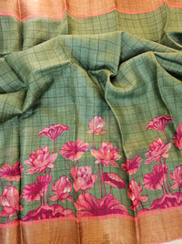 Tussar Silk Saree with Kanchi Border - Green with Peach