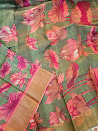 Tussar Silk Saree with Kanchi Border - Green with Peach