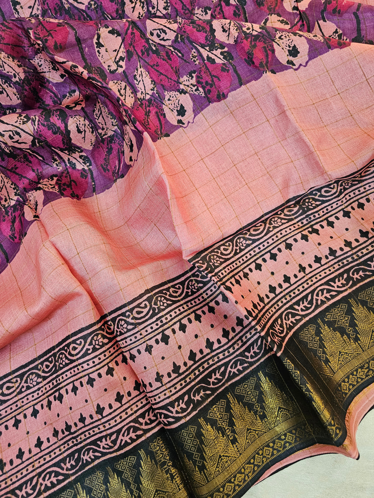 Tussar Silk Saree with Kanchi Border - Peach with Black