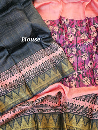 Tussar Silk Saree with Kanchi Border - Peach with Black