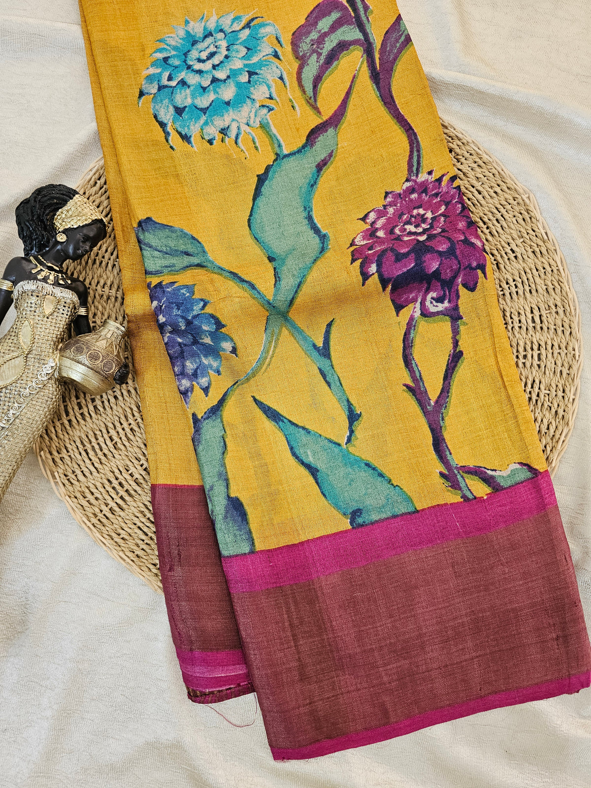 Yellow with Pink Floral Tussar Silk Saree with Zari Border