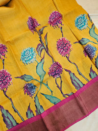 Yellow with Pink Floral Tussar Silk Saree with Zari Border