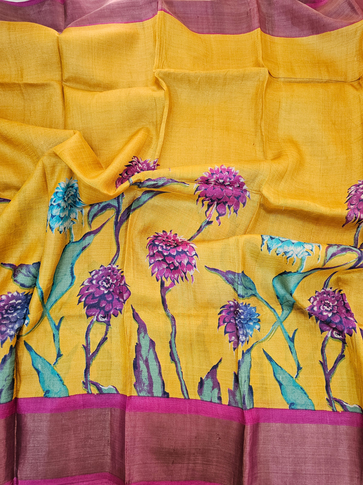 Yellow with Pink Floral Tussar Silk Saree with Zari Border