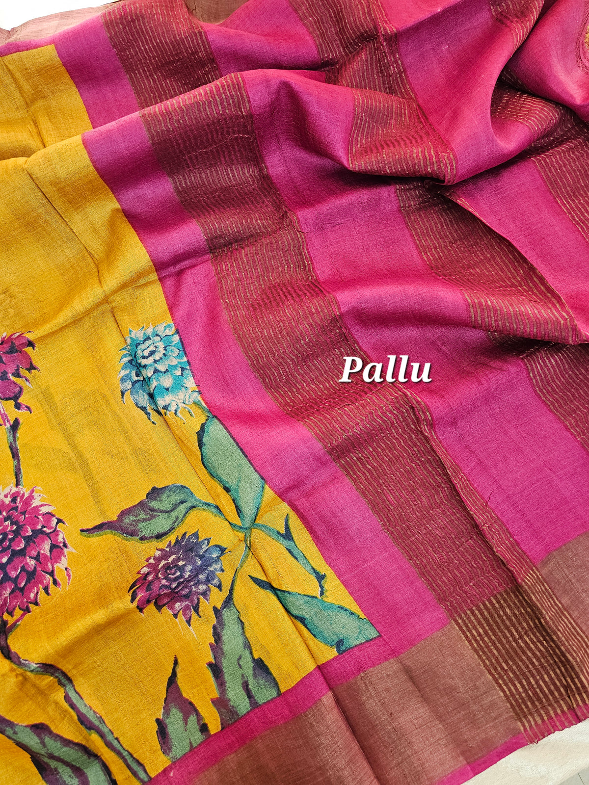 Yellow with Pink Floral Tussar Silk Saree with Zari Border