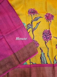 Yellow with Pink Floral Tussar Silk Saree with Zari Border