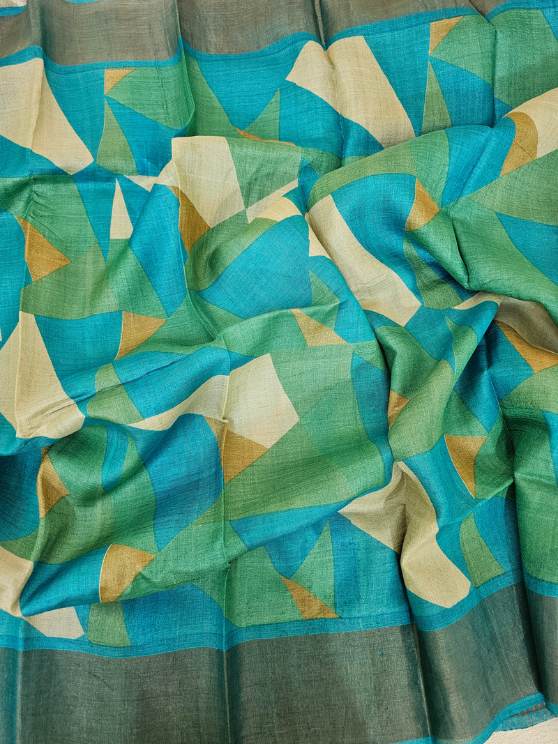 Sea Green with Blue Geometric  Tussar Silk Saree with Zari Border