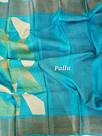 Sea Green with Blue Geometric  Tussar Silk Saree with Zari Border