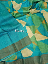 Sea Green with Blue Geometric  Tussar Silk Saree with Zari Border