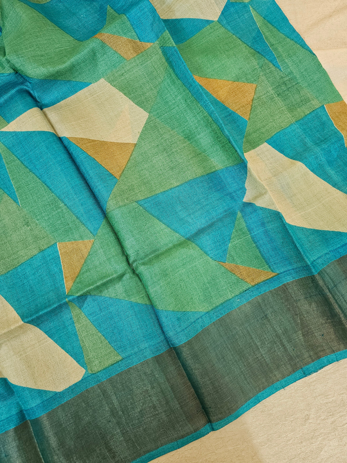 Sea Green with Blue Geometric  Tussar Silk Saree with Zari Border