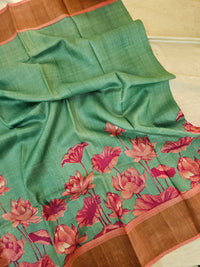 Green with Peach Tussar Silk Saree with Zari Border