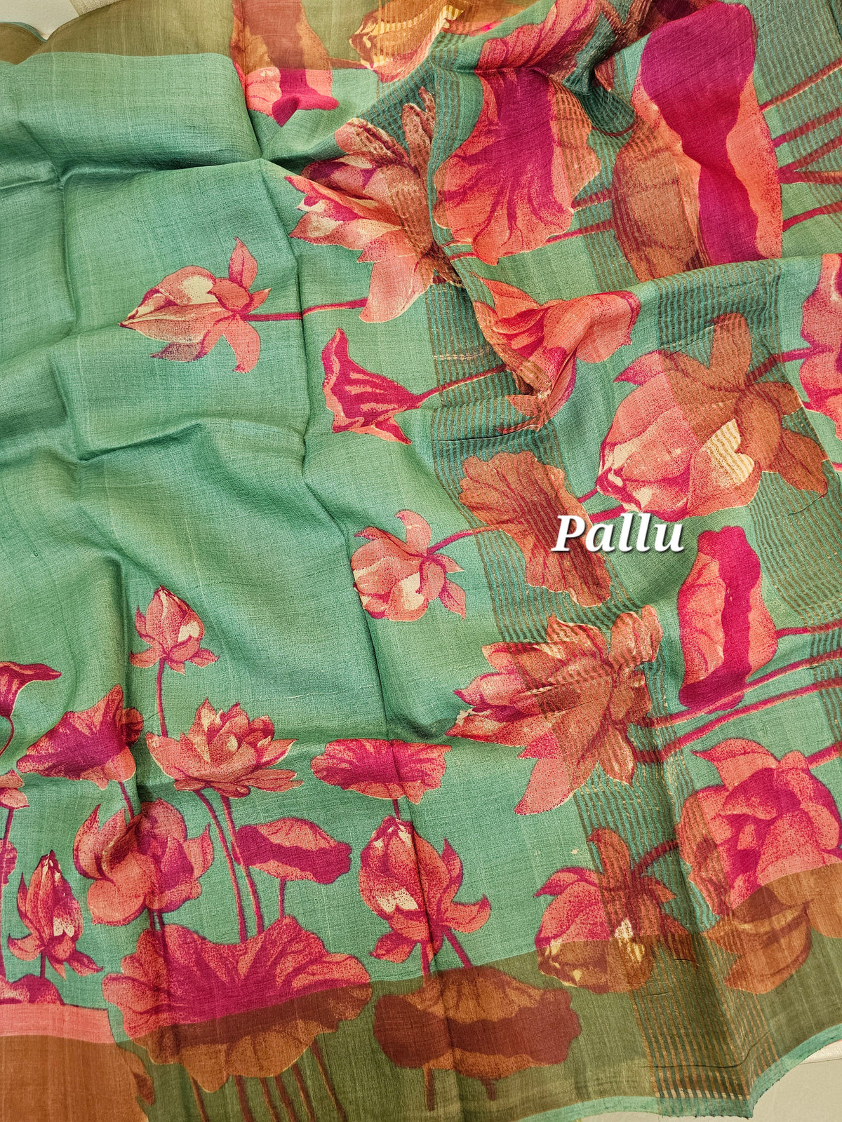 Green with Peach Tussar Silk Saree with Zari Border