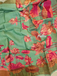 Green with Peach Tussar Silk Saree with Zari Border