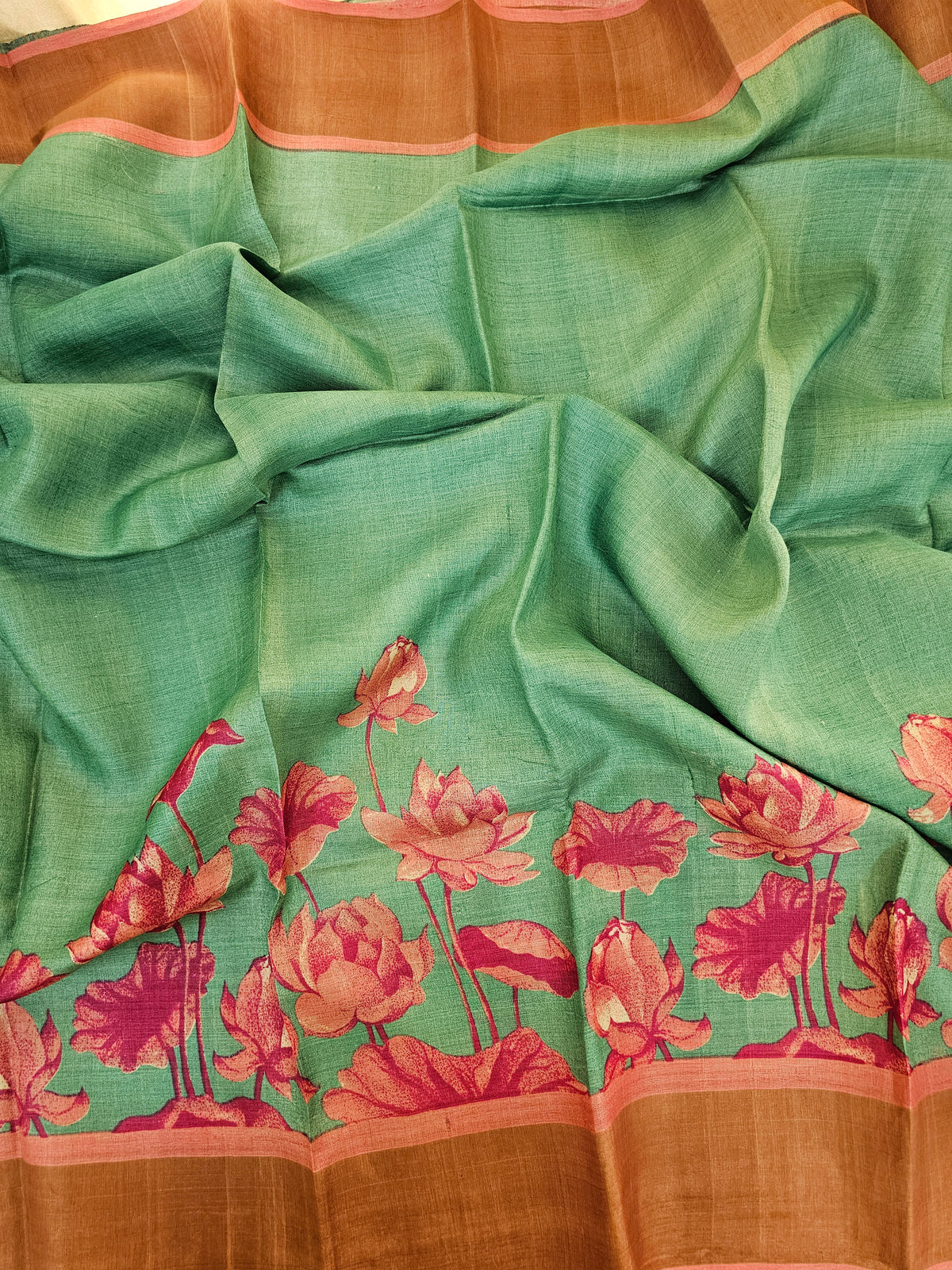 Green with Peach Tussar Silk Saree with Zari Border