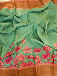 Green with Peach Tussar Silk Saree with Zari Border