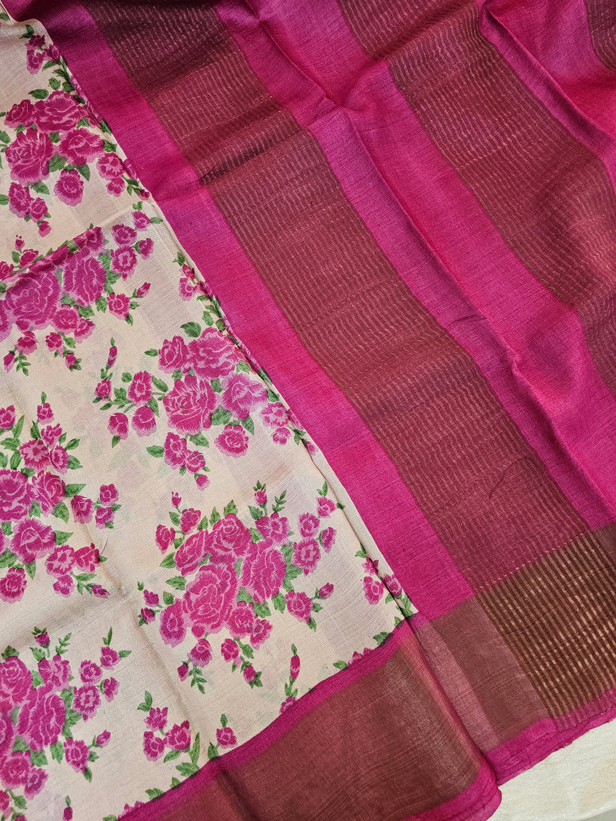 Cream with Pink Tussar Silk Saree with Zari Border