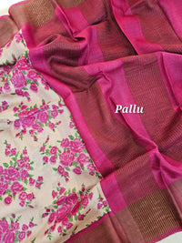 Cream with Pink Tussar Silk Saree with Zari Border