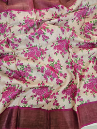 Cream with Pink Tussar Silk Saree with Zari Border