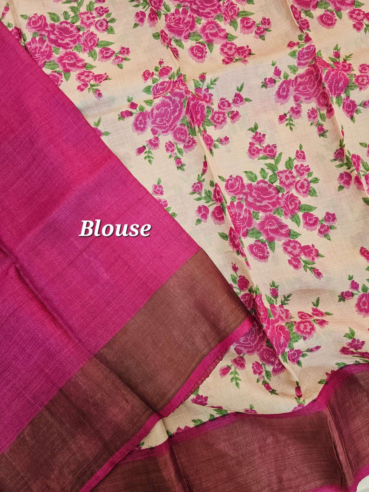 Cream with Pink Tussar Silk Saree with Zari Border