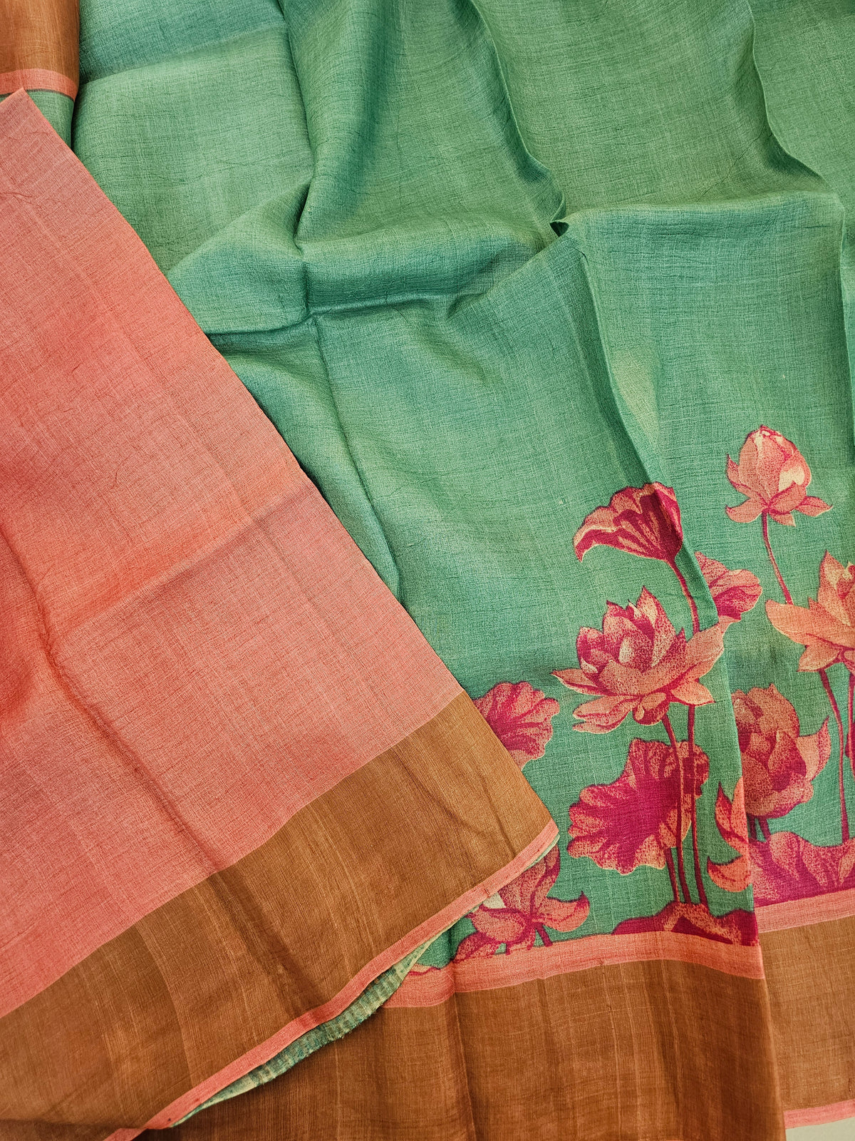 Green with Peach Tussar Silk Saree with Zari Border