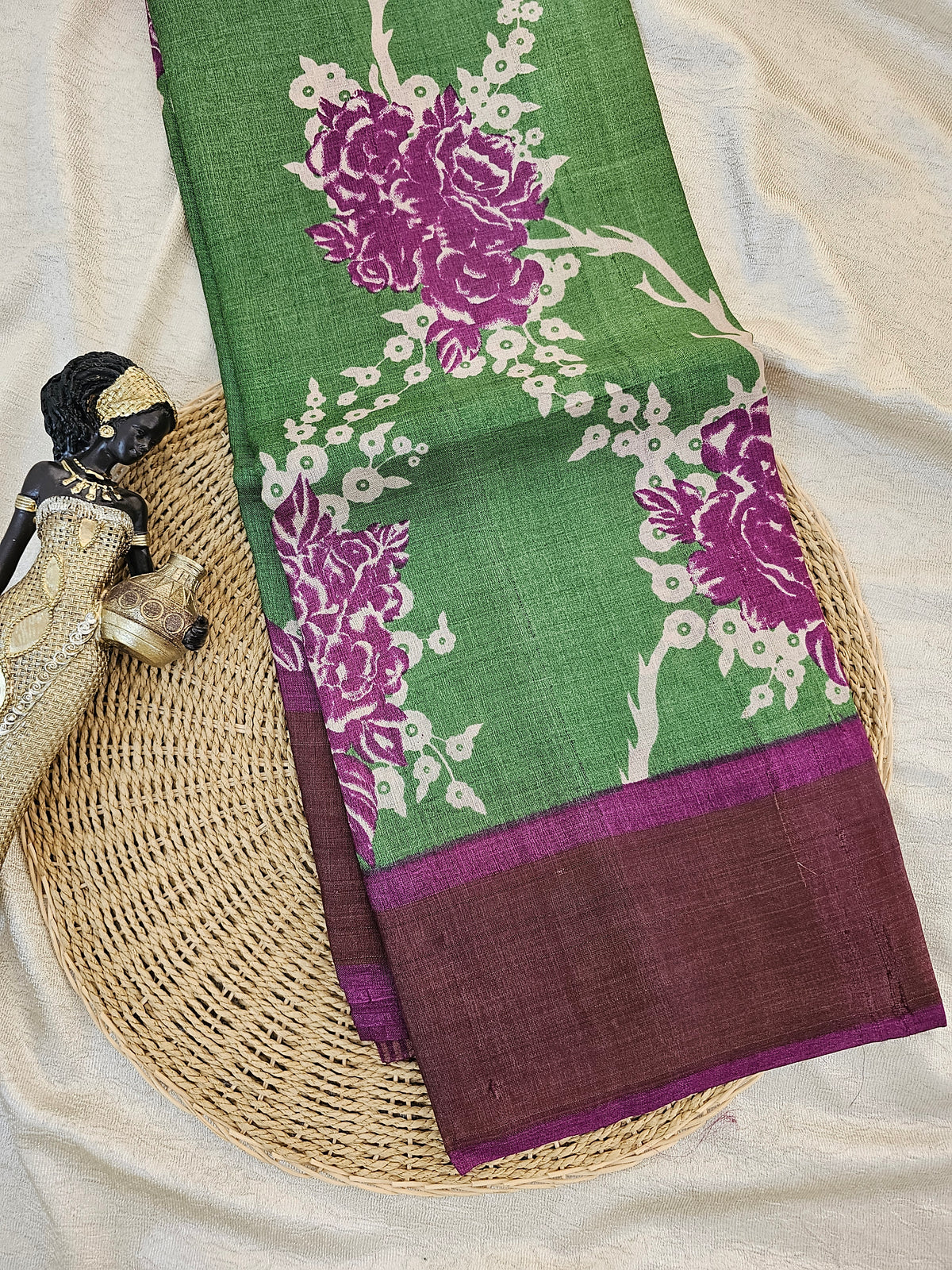 Green with Magenta Pink Floral Tussar Silk Saree with Zari Border