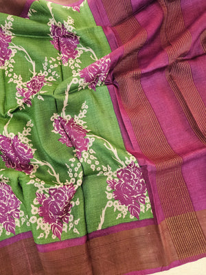 Green with Magenta Pink Floral Tussar Silk Saree with Zari Border