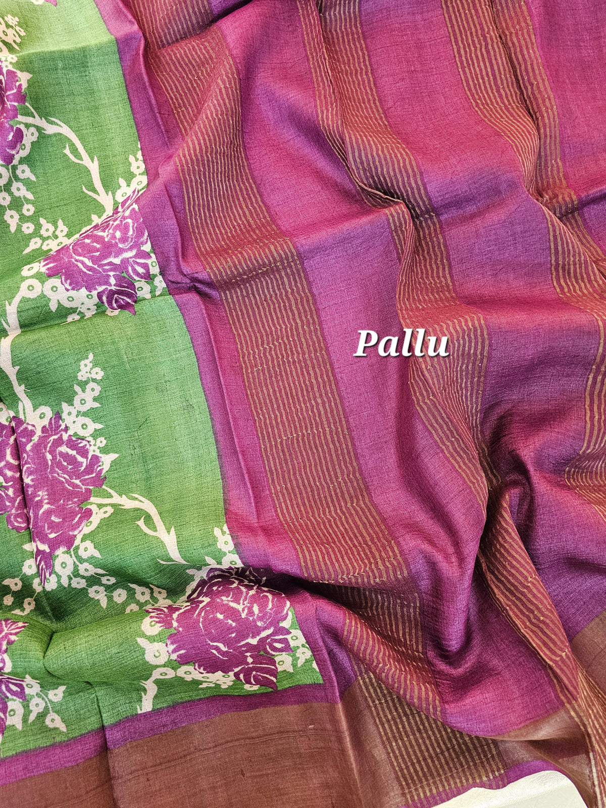 Green with Magenta Pink Floral Tussar Silk Saree with Zari Border