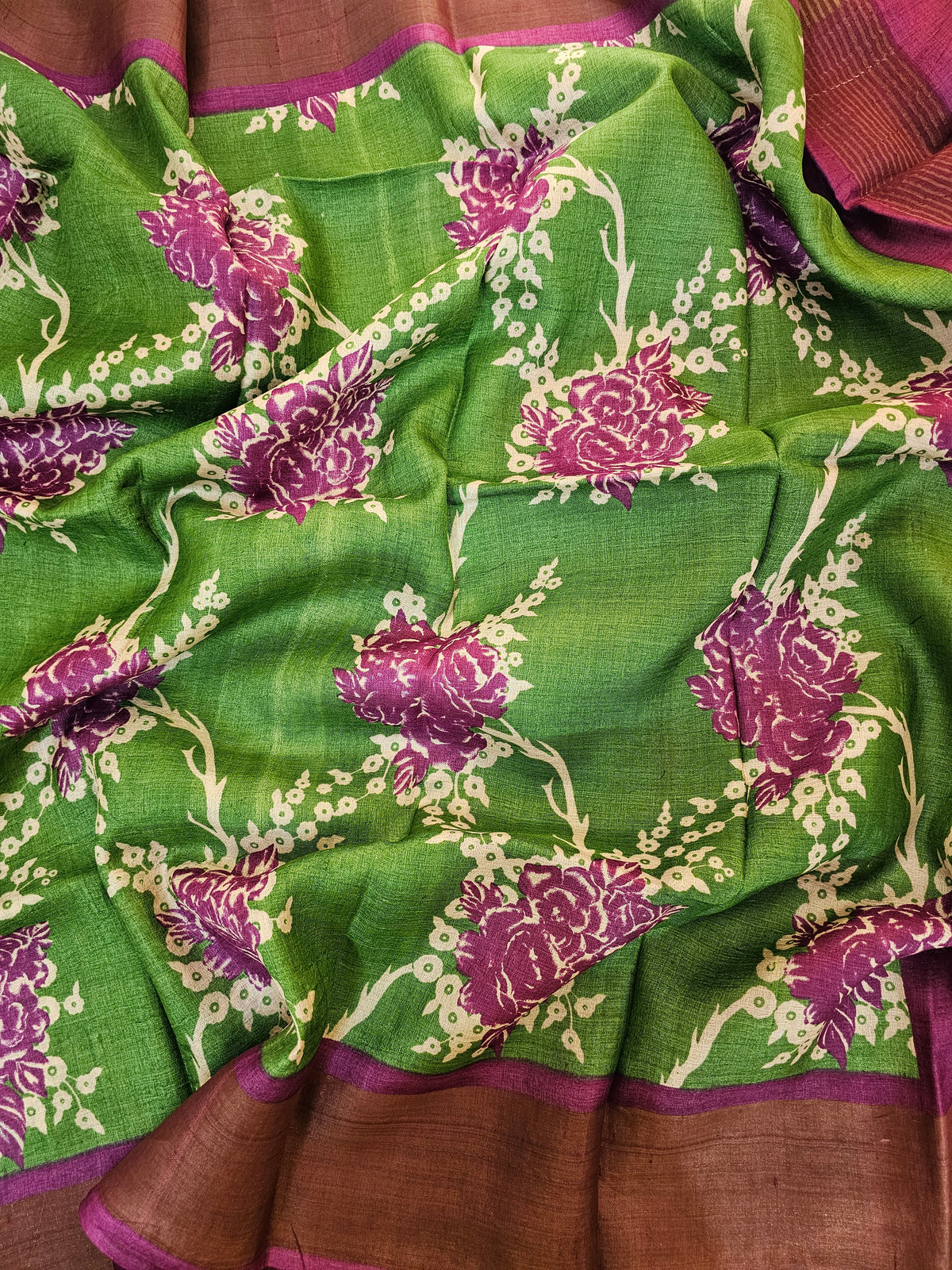 Green with Magenta Pink Floral Tussar Silk Saree with Zari Border