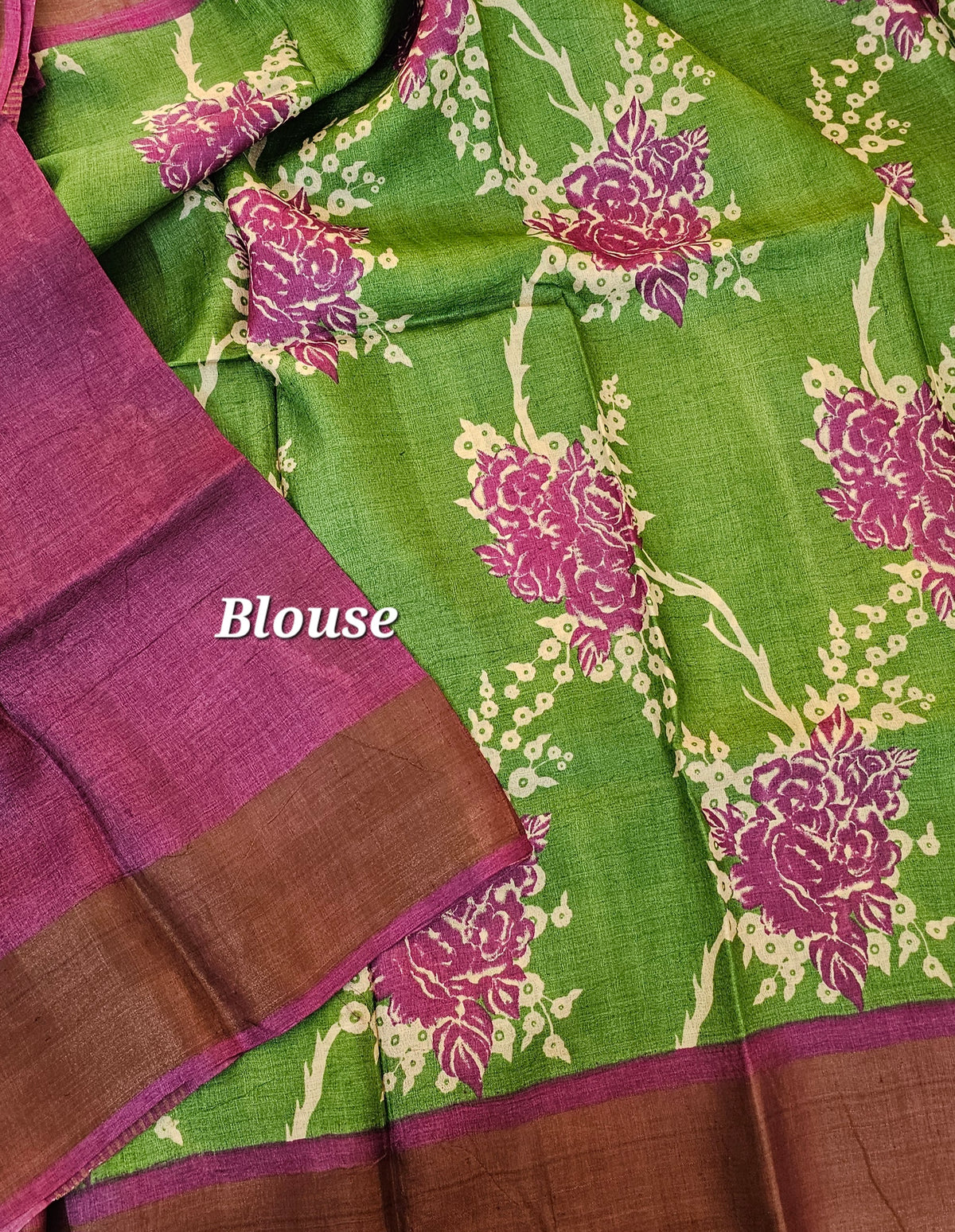 Green with Magenta Pink Floral Tussar Silk Saree with Zari Border