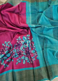 Magenta Pink with Blue Floral Tussar Silk Saree with Zari Border