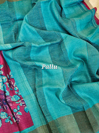 Magenta Pink with Blue Floral Tussar Silk Saree with Zari Border