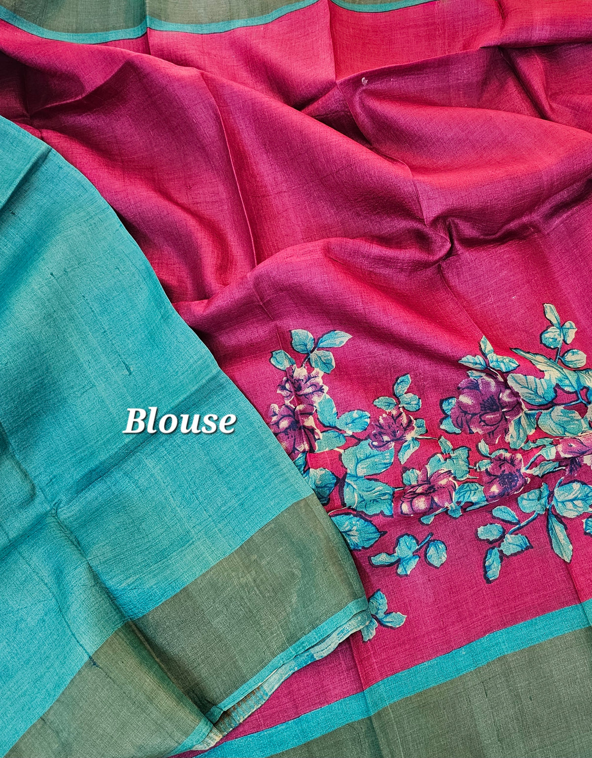 Magenta Pink with Blue Floral Tussar Silk Saree with Zari Border