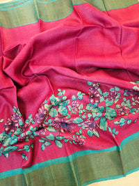 Magenta Pink with Blue Floral Tussar Silk Saree with Zari Border