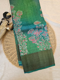 Green with Blue Floral Tussar Silk Saree with Zari Border