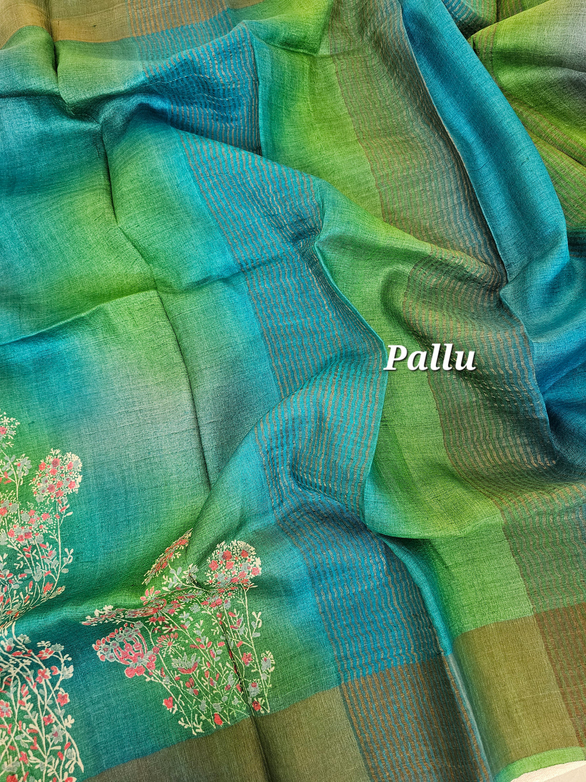 Green with Blue Floral Tussar Silk Saree with Zari Border