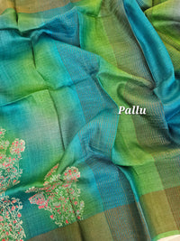 Green with Blue Floral Tussar Silk Saree with Zari Border