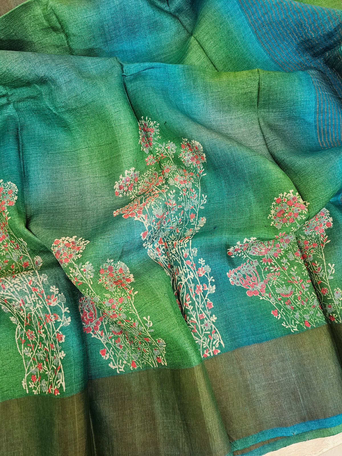 Green with Blue Floral Tussar Silk Saree with Zari Border