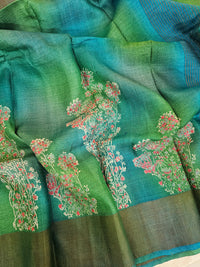 Green with Blue Floral Tussar Silk Saree with Zari Border