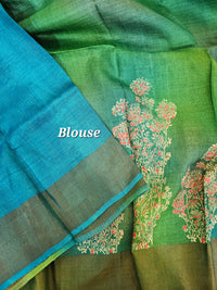 Green with Blue Floral Tussar Silk Saree with Zari Border