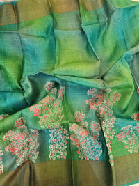 Green with Blue Floral Tussar Silk Saree with Zari Border