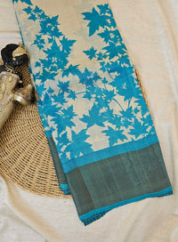 Cream with Blue Leaf Tussar Silk Saree with Zari Border