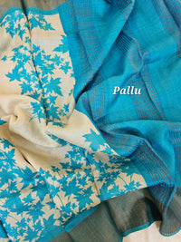 Cream with Blue Leaf Tussar Silk Saree with Zari Border