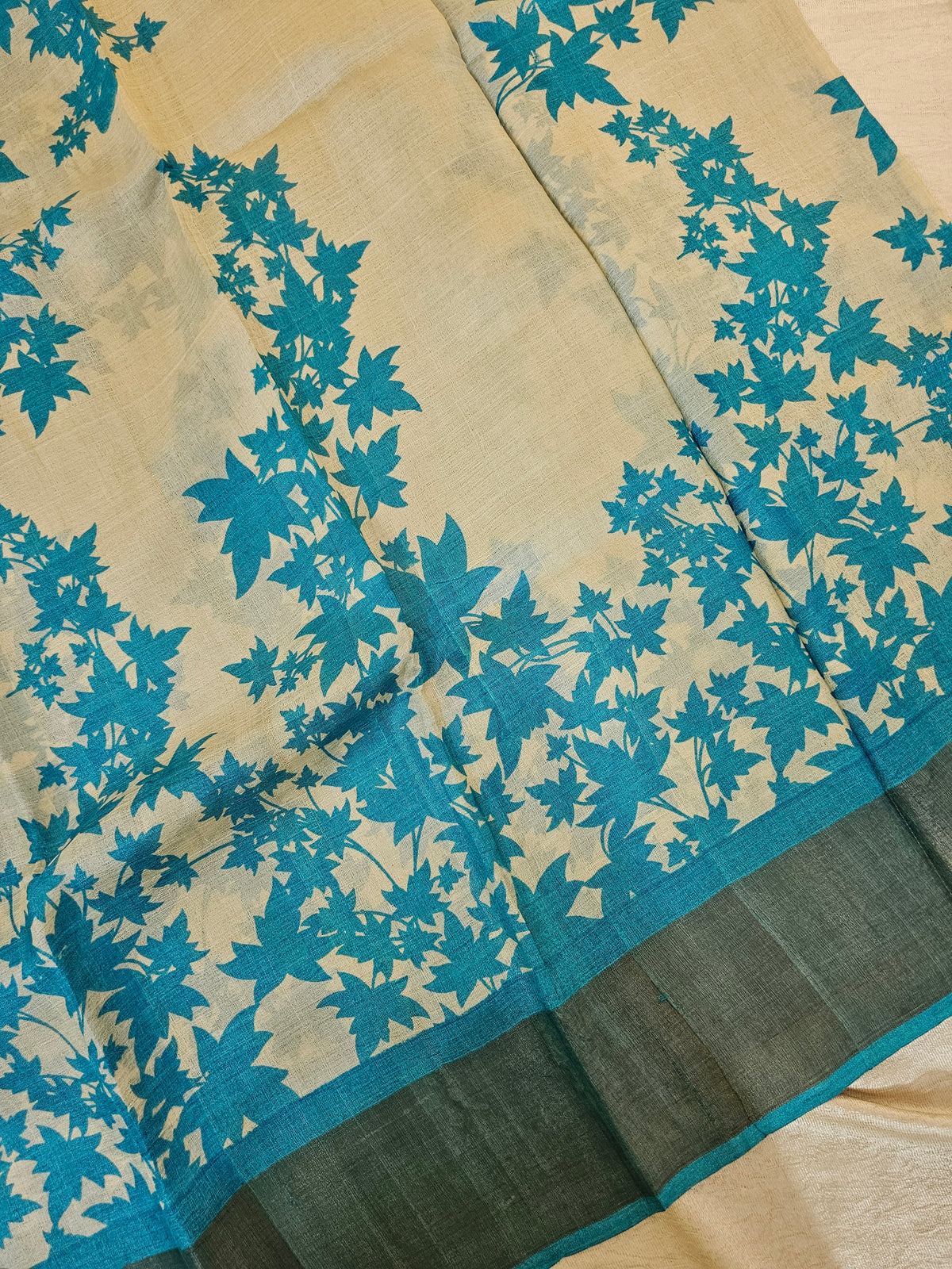 Cream with Blue Leaf Tussar Silk Saree with Zari Border