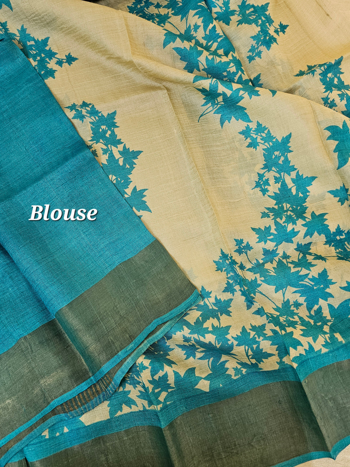 Cream with Blue Leaf Tussar Silk Saree with Zari Border